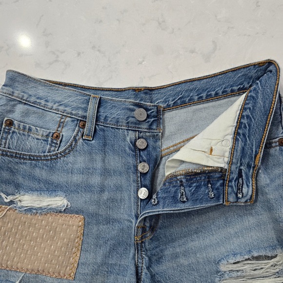 Levis 501 Original Womens Light Wash Distressed Cut Off Denim Shorts Patched - Picture 4 of 9